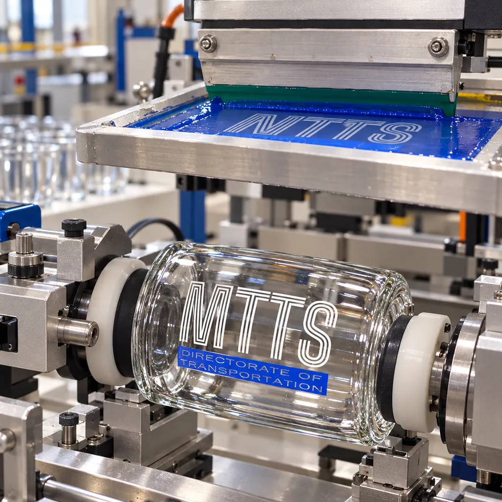 A squeegee spreading blue ink across a screen above a glass on the press