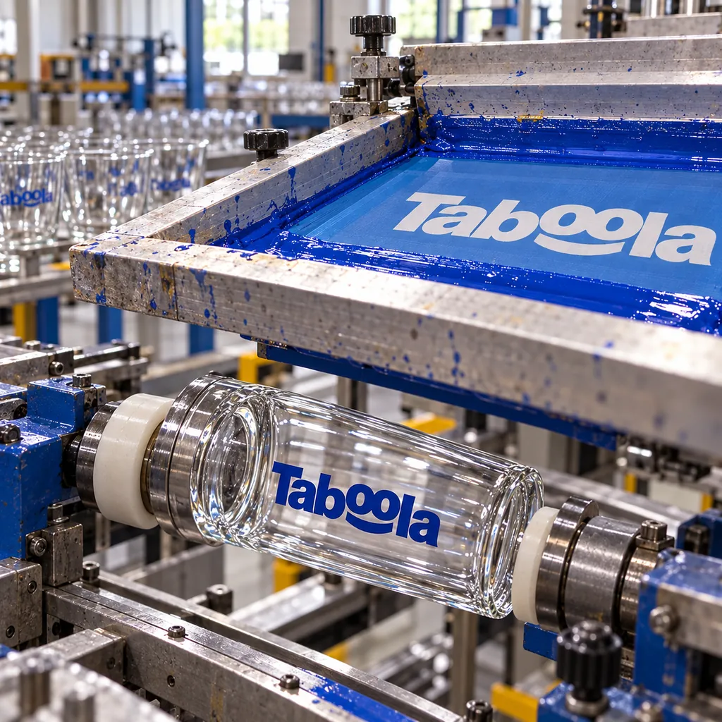 A screen-printing machine applying a design to a glass