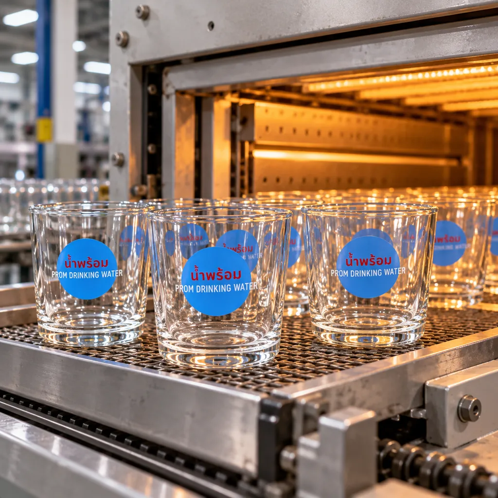 Printed glasses on a conveyor at the mouth of an industrial oven