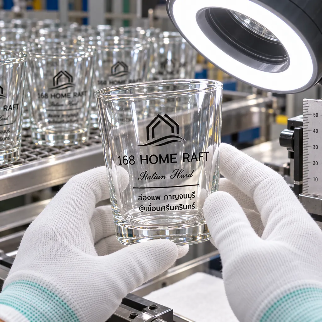 A printed glass checked under a ring light beside a measuring ruler