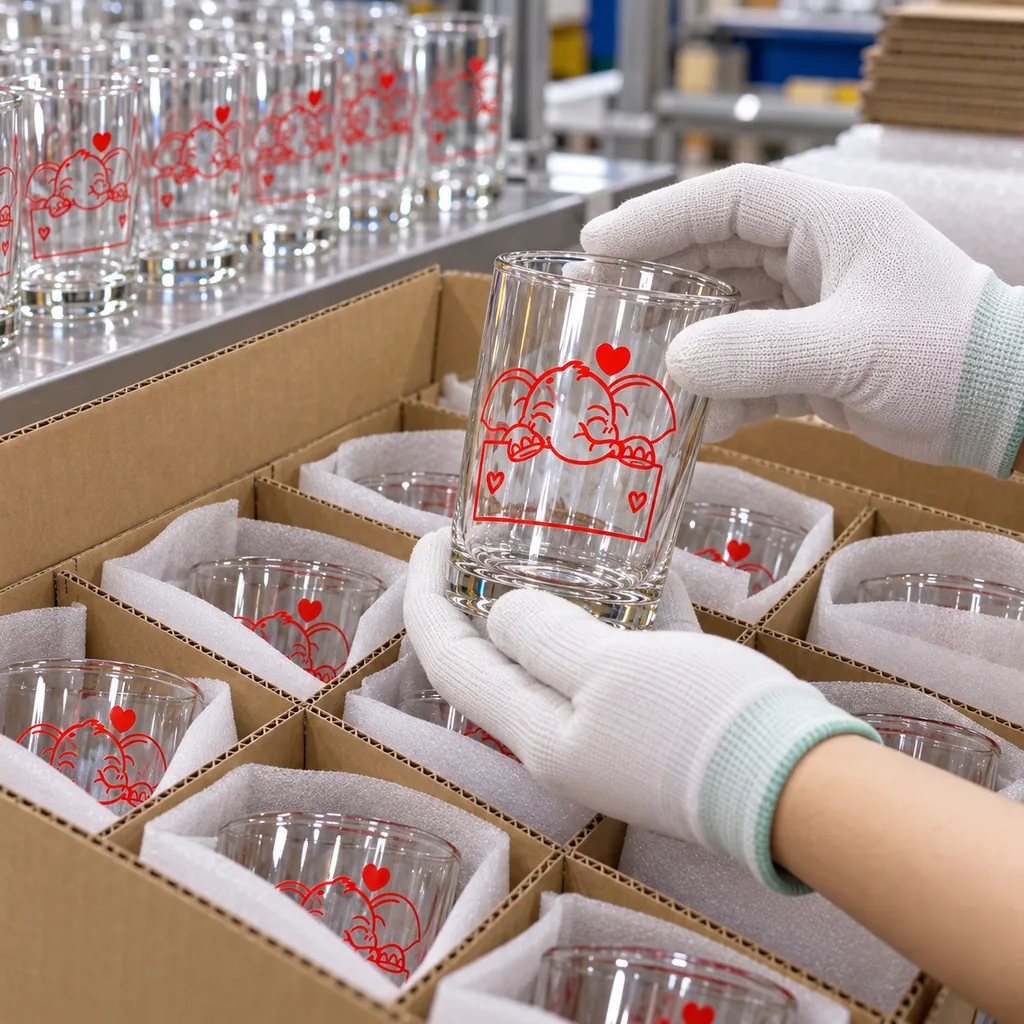 A red-printed glass being placed into a divided carton