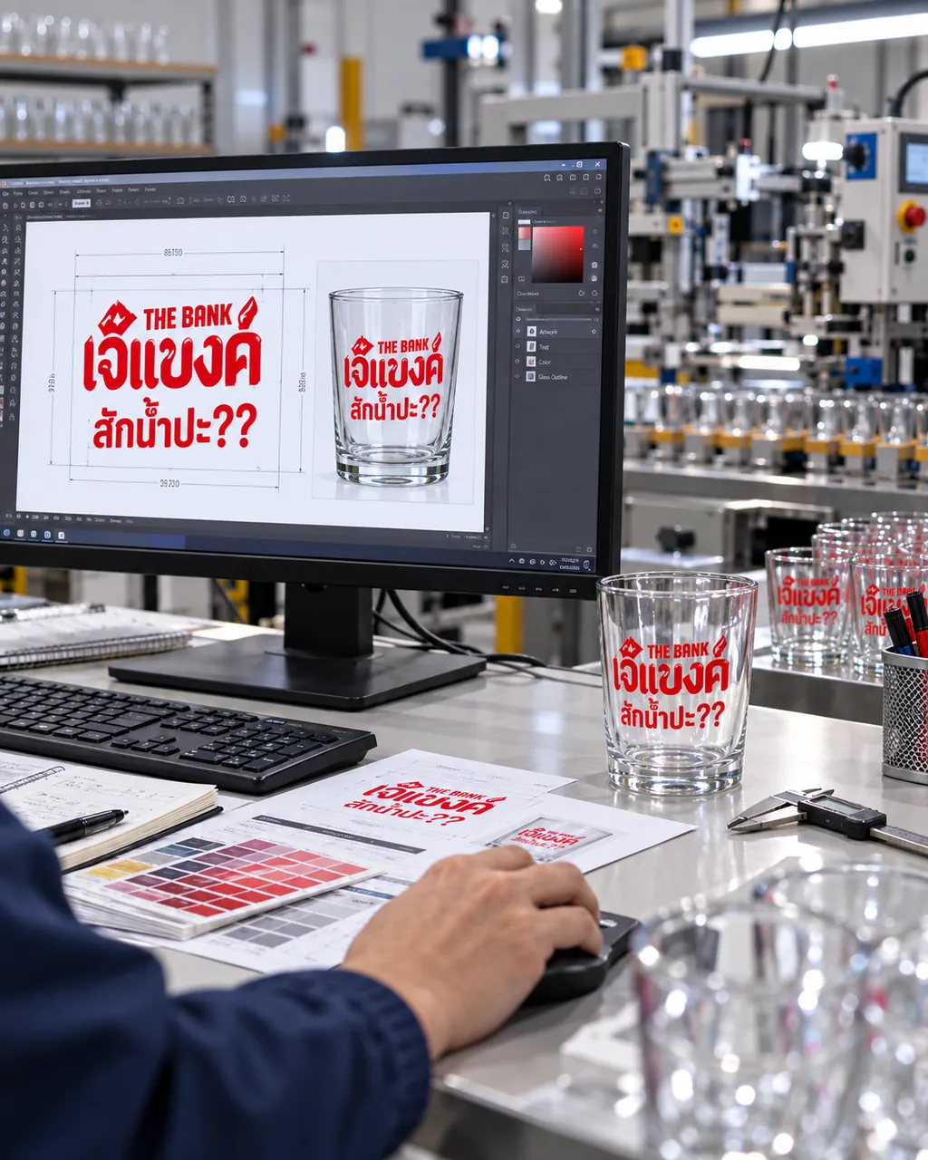 Glass print artwork on a computer beside a printed sample glass