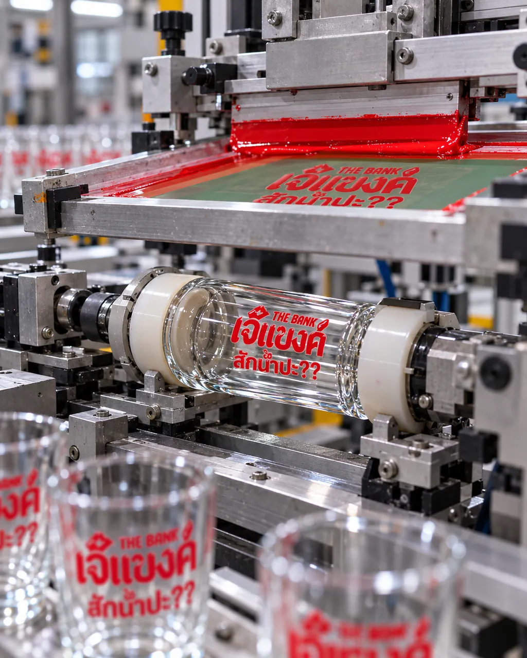 A machine printing a design onto a glass on the production line