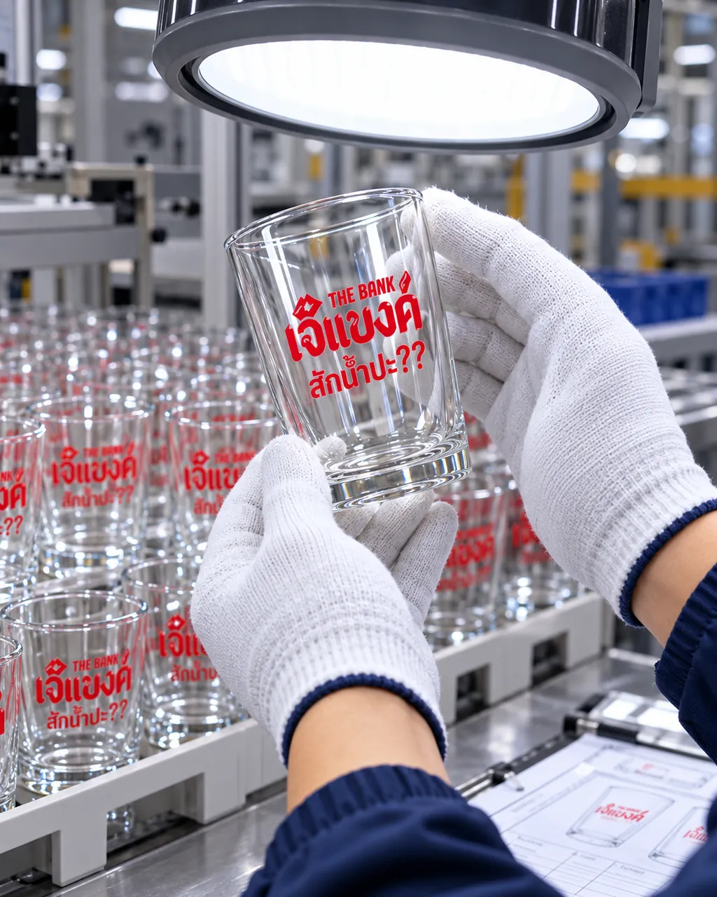 A worker checking print alignment and clarity on a glass