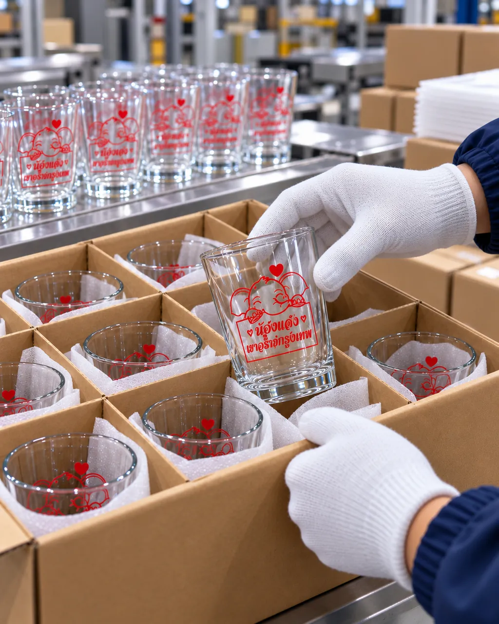 Printed glasses set into a divided carton